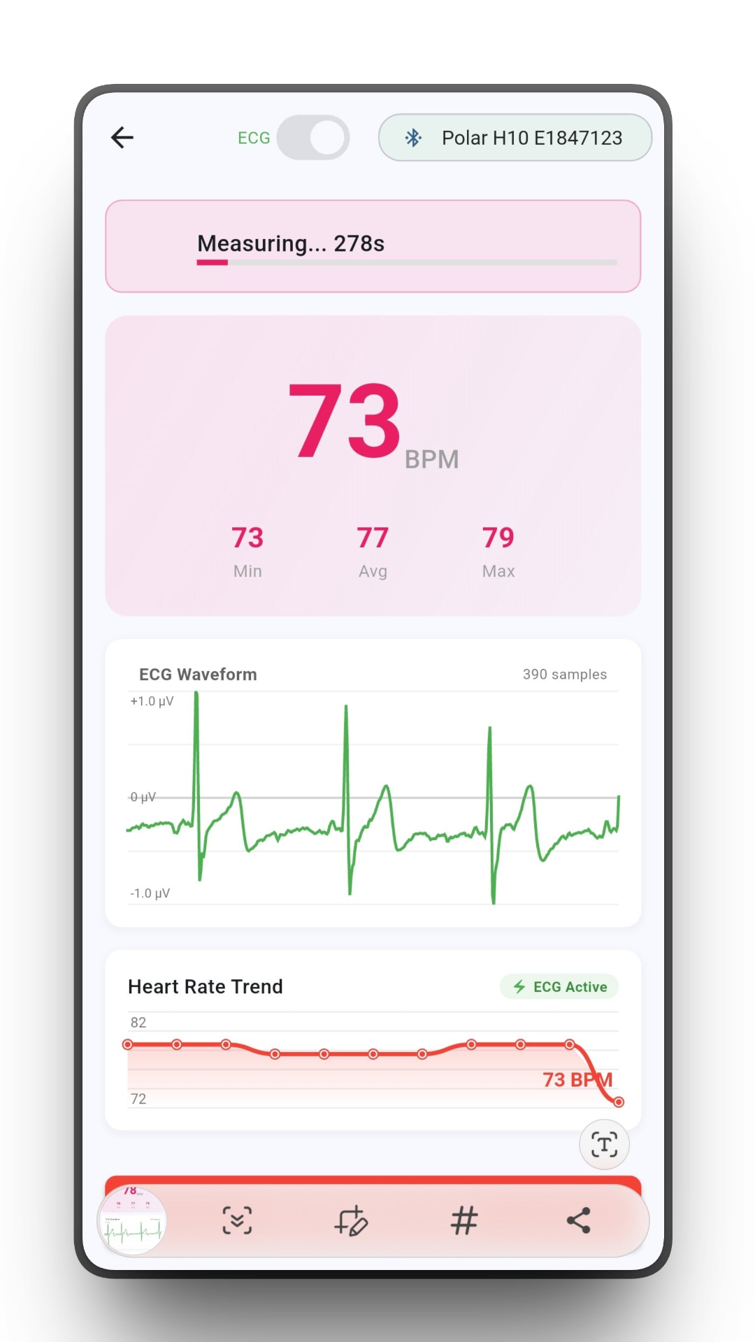 Malik app measurement screen showing a live ECG waveform during a recording session